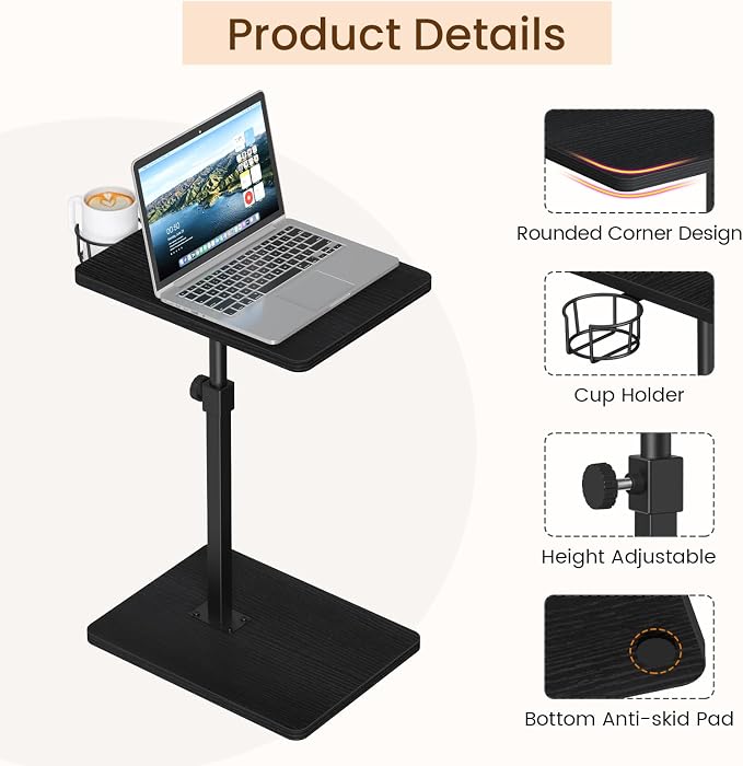 Giikin Side Table, 360 Swivel & Height Adjustable TV Trays for Eating on Couch, Sofa Armrest TV Tray Table with Cup Holder for Small Spaces, C-Shaped, Black, 11.8" D x 15.8" W x 31" H