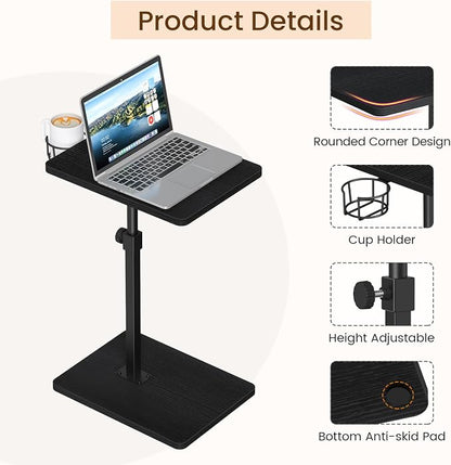 Giikin Side Table, 360 Swivel & Height Adjustable TV Trays for Eating on Couch, Sofa Armrest TV Tray Table with Cup Holder for Small Spaces, C-Shaped, Black, 11.8" D x 15.8" W x 31" H