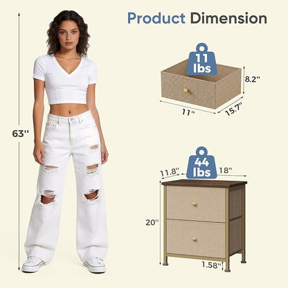 DUMOS Nightstand Set of 2, Bedside Table for Bedroom, Small Dresser | Side/End Table with 2 Fabric Drawers, Storage Cabinet Furniture, 20 Inch Night Stand for Closet, Entryway, Khaki 2Pack