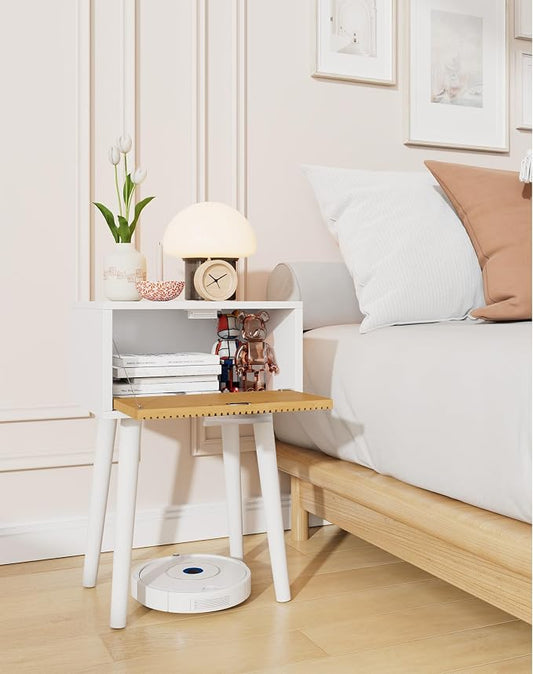 YMYNY Narrow Fluted Nightstand Set of 2, Small End Table, Modern Coffee Table with Drawer, Solid Wood Legs, Retaining Chain, for Bedroom and Small Spaces, White and Natural UHST014WN-2