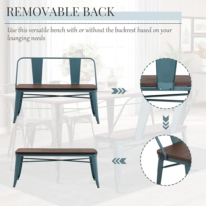 YOLENY Dining Bench, Entryway Bench with Back, Farmhouse Metal Dining Bench, Industrial Mid-Century 3 Person Rustic Spindle Bench, with Wood Seat, Removable Backrest, 42in, Blue