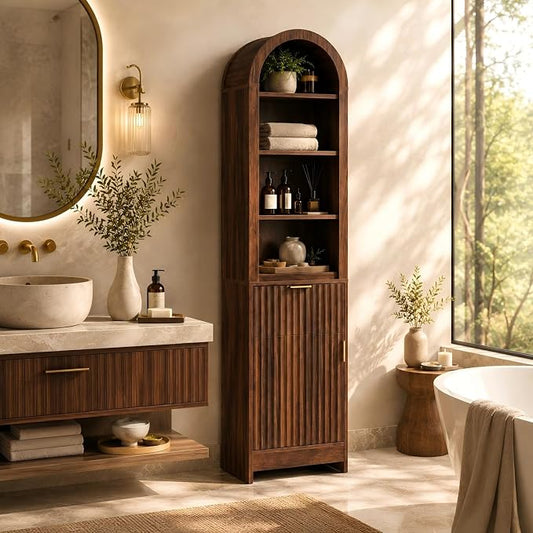 VINGLI Tall Bathroom Storage Cabinet, 66.9" Freestanding Narrow Linen Cabinet with Arched Open Shelves, Drawer & Door, Slim Skinny Wood Cabinet for Bathroom, Living Room, Entryway, Dark Walnut