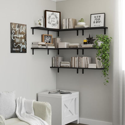 DOLLFIO Floating Shelves, 8 Sets Wooden Floating Shelves for Bedroom & Bathroom Wall Decor, Floating Book Shelf Living Room Black