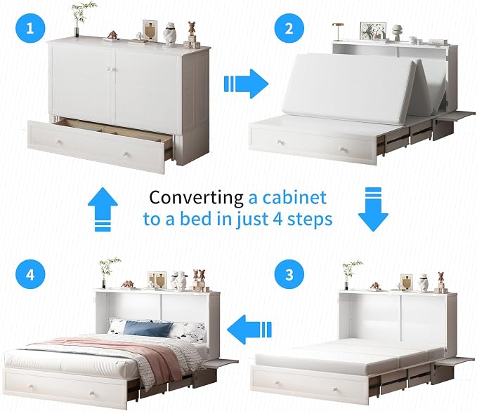 PUREMIND Queen Murphy Bed with Mattress Included, Murphy Cabinet Bed with Storage Drawer, Built-in Charging Station, Solid Wood Frame, Space-Saving Cabinet Beds for Small Spaces/Guest Room (White)