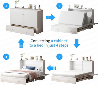 PUREMIND Queen Murphy Bed with Mattress Included, Murphy Cabinet Bed with Storage Drawer, Built-in Charging Station, Solid Wood Frame, Space-Saving Cabinet Beds for Small Spaces/Guest Room (White)