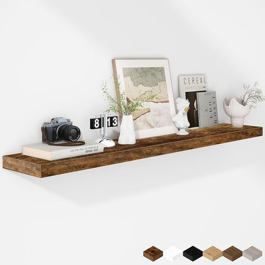 Fun Memories 55 Inch Floating Shelves - 9 Inch Deep Rustic Wooden Wall Shelves - Extra Deeper & Thicker Wall Mounted Storage Shelf for Living Room, Kitchen, Farmhouse - 55" W x 9" D x 1.8" H - Brown