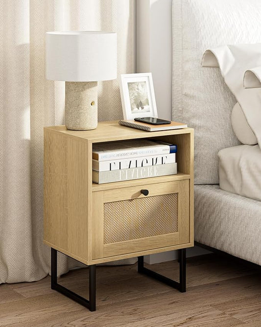 Masupu Rattan Nightstand,Modern Boho Farmhouse Wood Bedside Table with Storage Drawer and Open Shelf,Small Black Frame Side End Table for Bedroom,Living Room,Office (Natural)