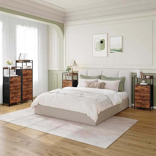Somdot Nightstand with 4 Drawers, Vertical Storage Tower Fabric Dresser for Bedroom, Night Stand Bedside Table Furniture, Sturdy Steel Frame, Wooden Top & Easy Pull Fabric Bins, Wood Grain Print