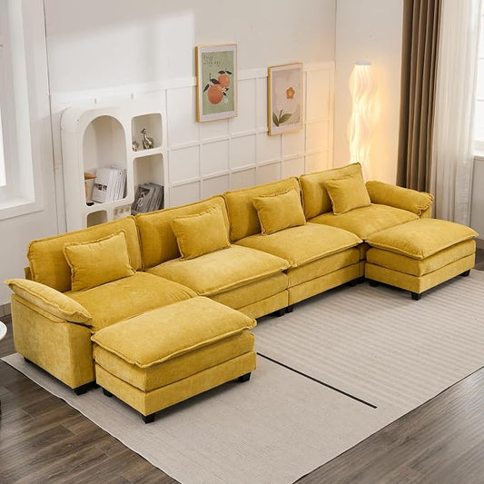 Oprisen 154" Modular Sectional Sofa, Comfy Cloud Couch Sectional Sofa with Ottoman, Chenille Sofa Sleeper Deep Seat Sofa with Throw Pillows for Living Room (Yellow, 154"- U Shape)