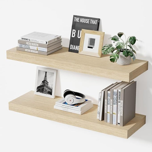 Bathroom Floating Shelves for Wall-23.6'' Wall Mounted Shelves Over Toilet Farmhouse Home Decor Display Bookshelf,Set of 2,Oak