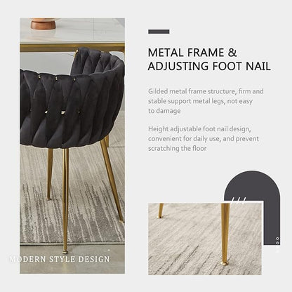 Black Velvet Dining Chairs Set of 4, Upholstered Dining Chairs with Golden Metal Legs, Modern Woven Dining Chair for Dining Room, Kitchen, Vanity, Living Room