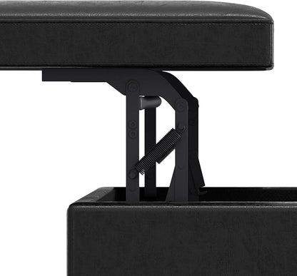 SIMPLIHOME Owen Lift Top Coffee Table Storage Ottoman - 42 inch Wide Upholstered Vegan Leather Rectangular Lift-Top Ottoman in Distressed Black, Mid-Century Modern Ottoman for Living Room