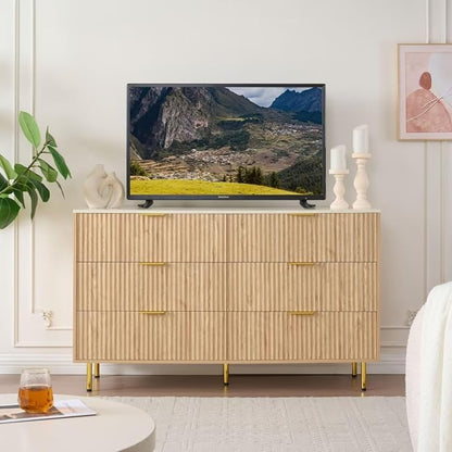 Fluted 6 Drawers Dresser for Bedroom with Faux Marble Top, 56" Wide Chest of Drawers Closet Clothes Storage Organizer, Modern TV Stand Dressers for Living Room, Hallway, Natural Oak