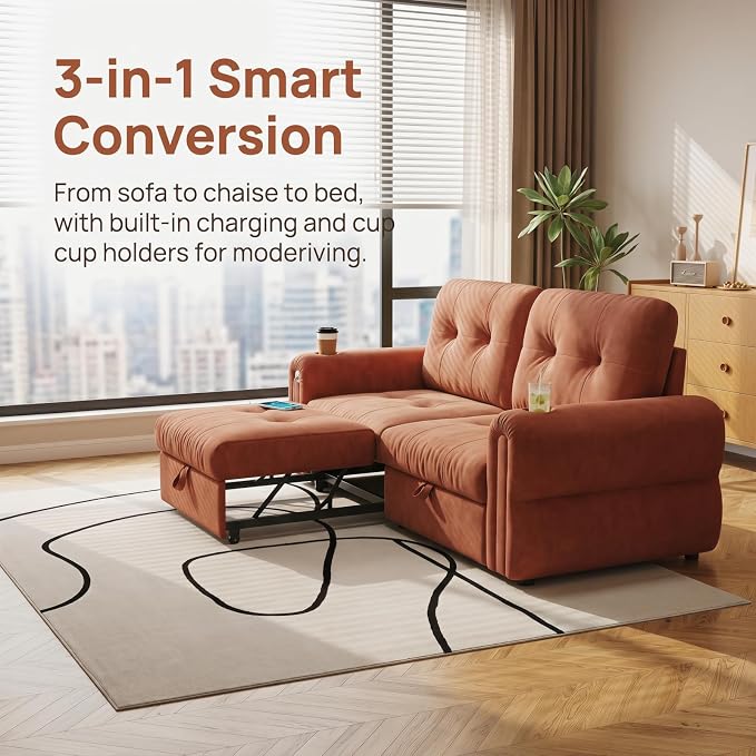Convertible Couches, Queen Size Pull Out Sofa Bed with USB Charging Port and Cup Holders, Chenille Fabric Convertible Sofa Bed for Small Space, Living Room, Apartment, Guest Room, Orange