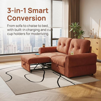 Convertible Couches, Queen Size Pull Out Sofa Bed with USB Charging Port and Cup Holders, Chenille Fabric Convertible Sofa Bed for Small Space, Living Room, Apartment, Guest Room, Orange