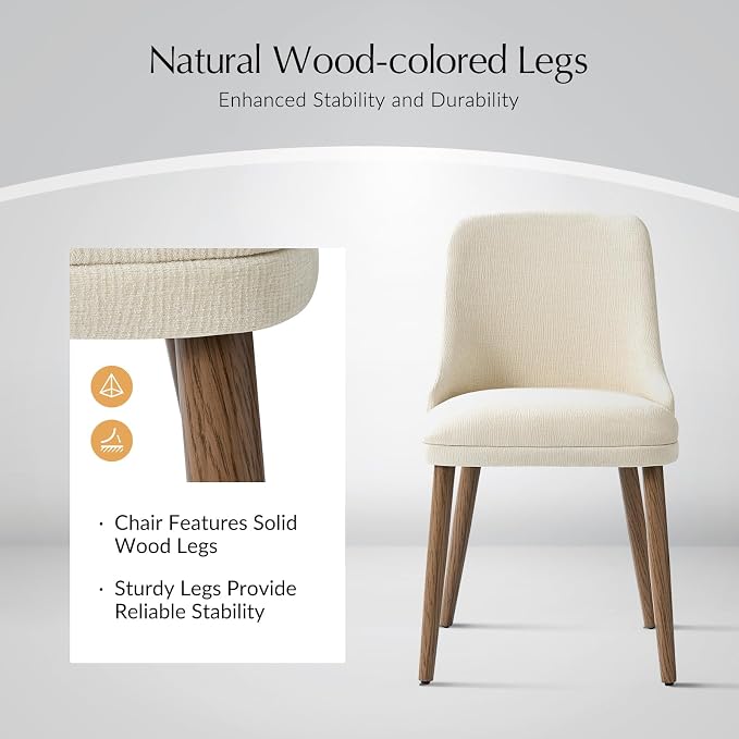 Upholstered Dining Chairs Set of 6, Fabric Dining Room Chairs with Curved Backrest, Solid Wood Legs, Modern Kitchen Chairs for Dining Room Living Room, Ivory
