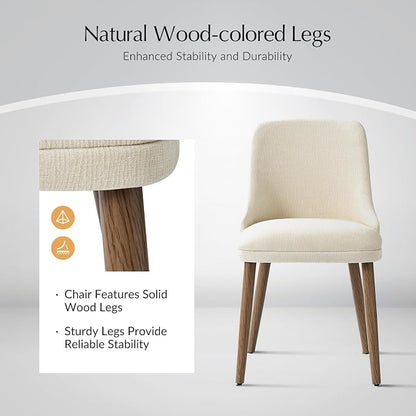 Upholstered Dining Chairs Set of 6, Fabric Dining Room Chairs with Curved Backrest, Solid Wood Legs, Modern Kitchen Chairs for Dining Room Living Room, Ivory