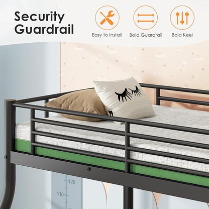Bunk Beds Twin Over Full Size with 6'' Mattresses, Heavy Duty Metal Bunk Bed Frame with Angled Ladder for Teens and Adults, Space Saving for Apartment, Dorm or Small Room, Easy Assembly