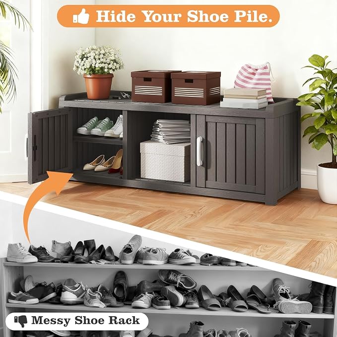 Outdoor Shoe Bench with Waterproof UV-Resistant Indoor Resin Shoe Cabinet Entryway Shoe Cabinet with 2 Doors or Entryway,Living Room,Bedroom,Gray (2 Door)