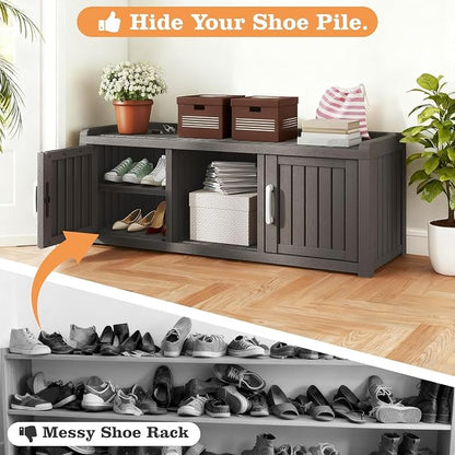 Outdoor Shoe Bench with Waterproof UV-Resistant Indoor Resin Shoe Cabinet Entryway Shoe Cabinet with 2 Doors or Entryway,Living Room,Bedroom,Gray (2 Door)