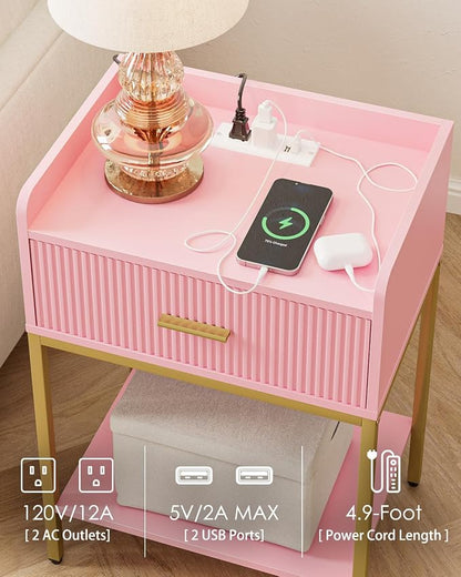 Nightstand with Charging Station, 3-Tier Bed Side Table, Small End Table, Night Stand with Open Shelf and Drawer, Bedside Table for Bedroom, Living Room, Pink