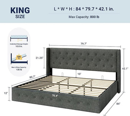 Allewie King Size Lift Up Storage Bed, Button Tufted Headboard with Wingback, Hydraulic Support, No Box Spring Needed, Dark Grey