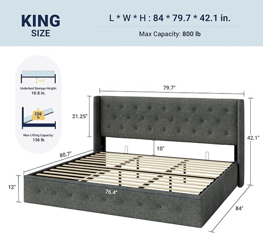 Allewie King Size Lift Up Storage Bed, Button Tufted Headboard with Wingback, Hydraulic Support, No Box Spring Needed, Dark Grey