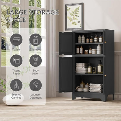 Metal Bathroom Storage Cabinet, Freestanding Pantry Floor Cabinet with 4 Doors and 2 Adjustable Shelves for Living Room, Dining Room, Kitchen