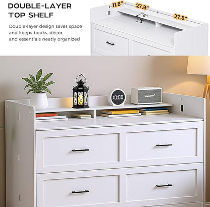 Kikihouse Murphy Bed with Motion Sensor Lights, Full Size Murphy Cabinet Bed Hideaway Bed with Storage & Charging Station for Bedroom/Guest Room/Office, Foldable Platform Bed Frame, White