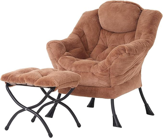 Welnow Lazy Chair with Ottoman, Modern Accent Chair with Armrests and a Side Pocket, Leisure Sofa Armchair, Reading Armchair with Footrest for Small Space, Plush Brown