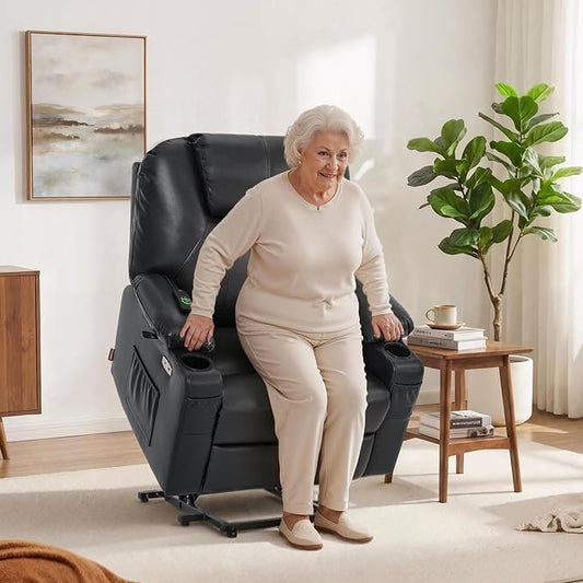 MCombo Extra Wide Power Lift Recliner Chair for Elderly, Lift Chair with Heat and Massage for Big People, USB&Type C Ports, Cup Holders, Faux Leather R7045 (Black, Medium-Wide)