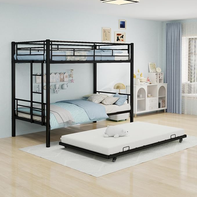 Metal Bunk Bed with Trundle, Space-Saving Bunk Bed Twin Over Twin with Ladders and Safety Guardrail, Heavy Duty Twin Bed Frames, No Box Spring Needed and Noise Free(Black)