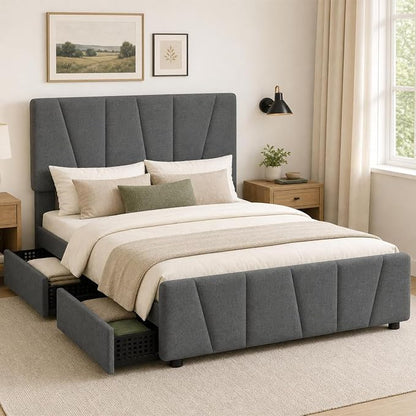 King Size Bed Frame with Upholstered Headboard & 4 Storage Drawers with Wheels, Platform Bed Frame with Wooden Slat Support, Adjustable Headboard, No Box Spring Needed, Noise-Free, for Bedroom