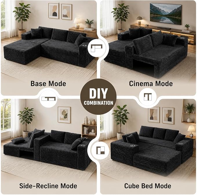 103” Cloud Sectional Couch, Convertible Boneless Couch, Modular L-Shaped Couch, Soft Friendly Fluffy Couch, No Assembly Required(Left-Facing, Black)