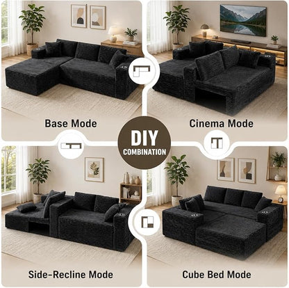 103” Cloud Sectional Couch, Convertible Boneless Couch, Modular L-Shaped Couch, Soft Friendly Fluffy Couch, No Assembly Required(Left-Facing, Black)