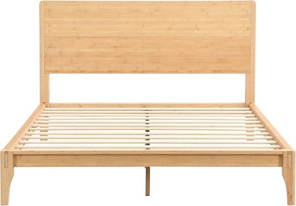 Merax Queen Size Bamboo Platform Bed, Mid-Century Modern Bed Frame with Tall Headboard, Solid Sustainable Bedframe Queen-Size, Wood Slat Support, No Box Spring Needed, Easy Assembly, Natural