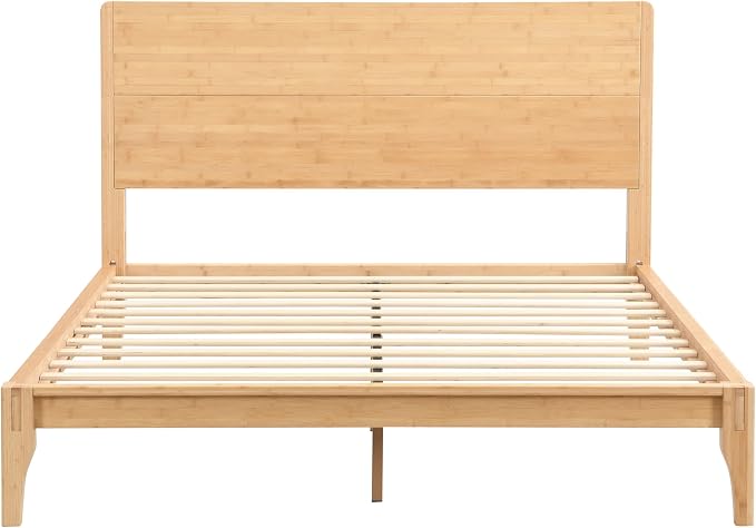 Merax Full Size Bamboo Platform Bed, Mid-Century Modern Bed Frame with Tall Headboard, Solid Sustainable Bedframe Full-size, Wood Slat Support, No Box Spring Needed, Easy Assembly, Noise Free, Natural