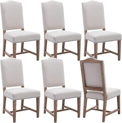 ROCITY Linen Dining Chairs Set of 6 Beige Upholstered Dining Room Chairs Farmhouse Kitchen Side Chairs with Wooden Legs&Nailhead Trim