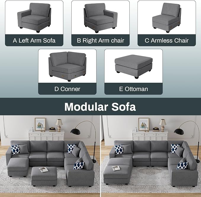 Legend Vansen Oversized Modular Sectional Sofa,U/L‑Shaped Reversible Couch with Ottoman,Deep Seat Plush Polyester Sofa for Living Room,8‑Seater,Dark Grey
