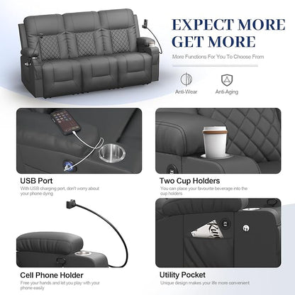 3 Seater Recliner Sofa, Home Theater Seating with Storage & Pocket, 3 Seat Reclining Couch with USB Ports & Phone Holders, Wall Hugger RV Sofa Furniture Loveseat Recliner Couch