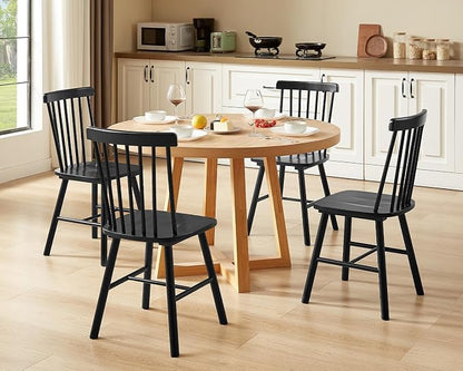 PrimeZone Windsor Dining Chairs Set of 4 - Solid Rubber Wood Farmhouse Kitchen Chair with Spindle Back, Mid-Century Modern Side Dining Chair for Dining Room, Kitchen & Restaurant, Black