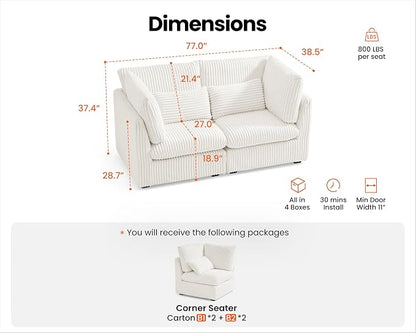 77" Oversized Corduroy Couch Modular Sectional Sofa, Washable Cloud Couch Sectional, 2 Seater Sectional Couches for Living Room, Fully Cover Removable, Loveseat Sofa, Corduroy, White