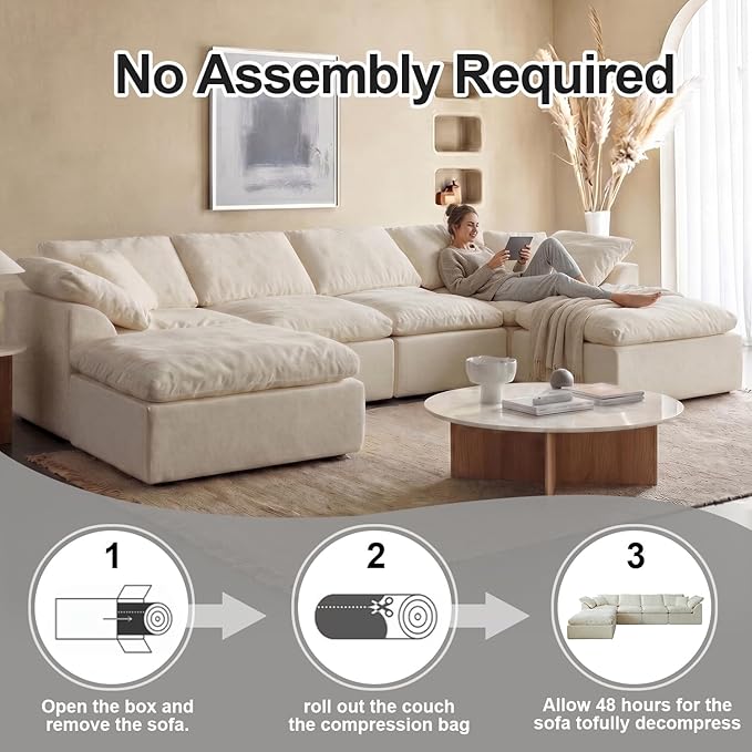 138" Boneless Cloud Couch Sectional for Living Room, Oversized Modular U Shaped Sofa with Double Chaise, Deep Seat Chenille Sectional Couch for Cloud-Like Comfort(U-Shaped Beige)