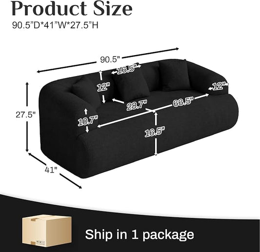 91" Boneless Couch,Cloud Couch,Chenille Curved Sofa with 3 Seater and 3 Pillows, Modern Compression Sofa for Living Room, Bedroom and Apartment, No Assembly Required, Black