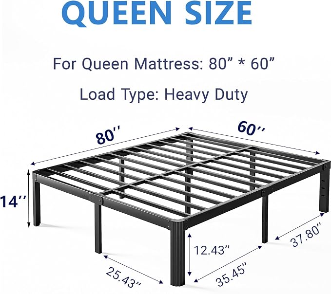 14 Inch High Platform Queen Bed Frame No Box Spring Needed, Metal Bed Frame Queen Size, Noise Free, Easy Assembly, Heavy Duty, Black