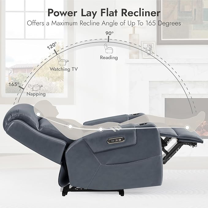 Watson & Whitely Oversized Genuine Leather Power Recliner Chairs for Big and Tall, Extra Wide Lay Flat Recliner with Power Headrest & Cup Holders, Electric Reclining Sofa for Living Room, Navy Blue