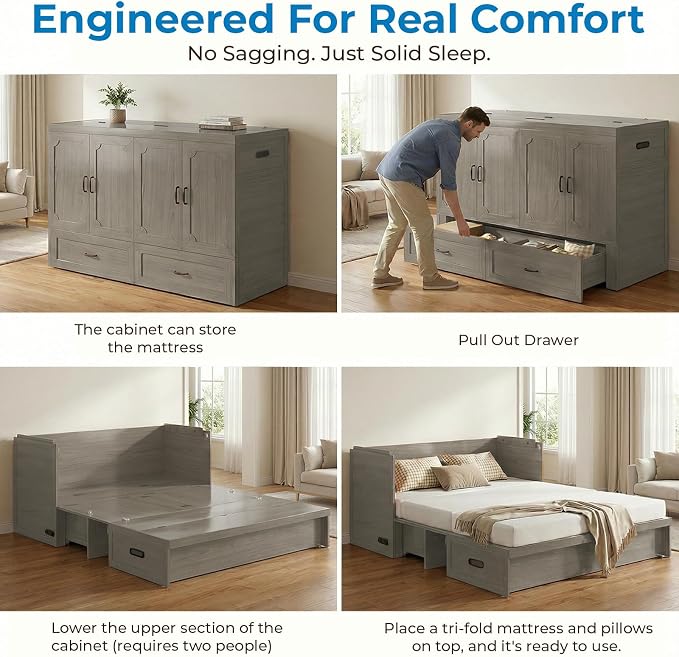 Mjkone Queen Size Murphy Cabinet Bed with Mattress Include, Queen Cube Cabinet Bed with Storage Drawer, Modern Murphy Beds with USB Charging Station for Guest Room Living Room Apartment, Grey