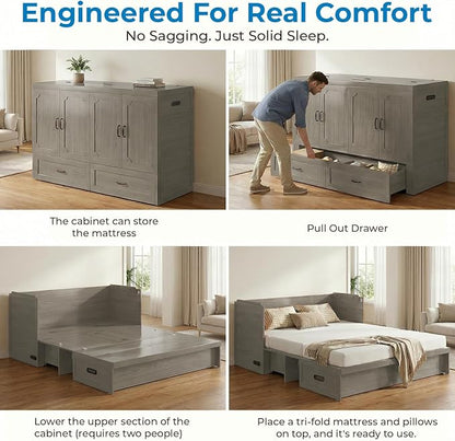 Mjkone Queen Size Murphy Cabinet Bed with Mattress Include, Queen Cube Cabinet Bed with Storage Drawer, Modern Murphy Beds with USB Charging Station for Guest Room Living Room Apartment, Grey