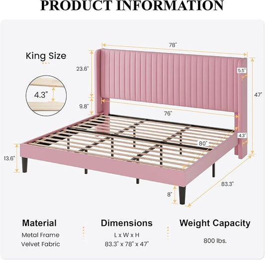 SHA CERLIN King Size Velvet Bed Frame with Vertical Channel Tufted Wingback Headboard, Upholstered Platform Bed with Wood Slats, No Box Spring Needed, Easy Assembly, Pink