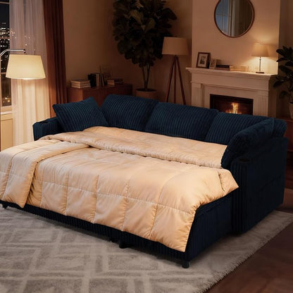 84" Corduroy Pull Out Sofa Bed w/Adjustable Backrests, Sectional L-Shape Sleeper Sofa w/Storage Chaise, Convertible Couch Bed w/USB Charging Port & Cup Holders for Living Room, House, Blue